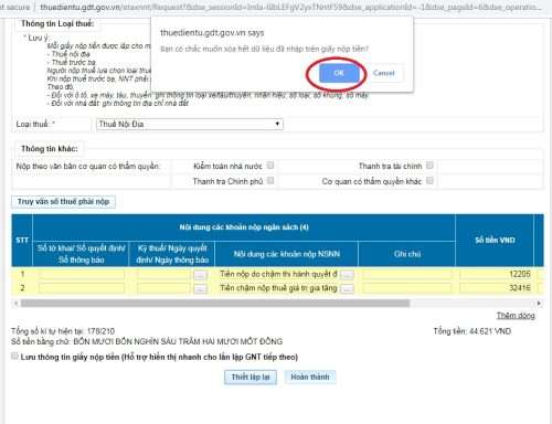 Lỗi không nhập được kỳ thuế ngày quyết định khi nộp tiền thuế