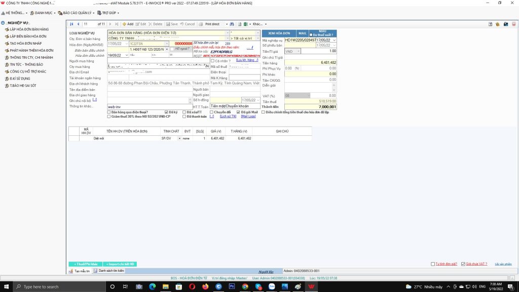 Giao diện trên app máy tính phần mềm hóa đơn điện tử giá rẻ theo TT78 Wininvoice