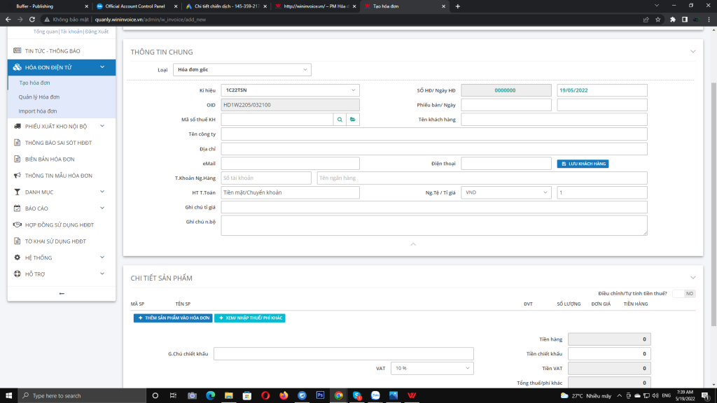 Giao diện trên web phần mềm hóa đơn điện tử giá rẻ theo TT78 Wininvoice