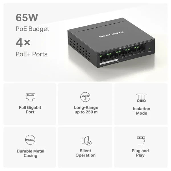 SWITCH POE MERCUSYS MS105GP - 4 PORT POE+ GIGABIT - Hình ảnh 5